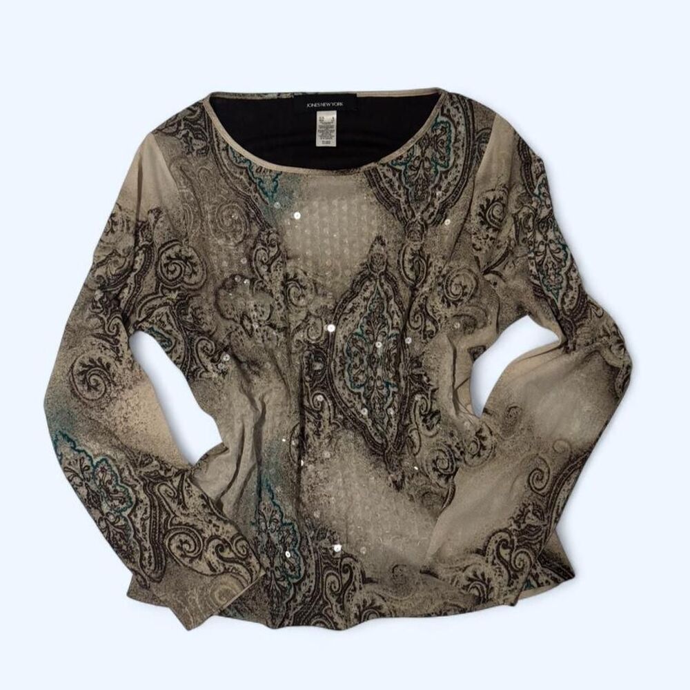 Vintage Jones New York Women's Paisley Sequin Detailed Mesh Long Sleeve Top